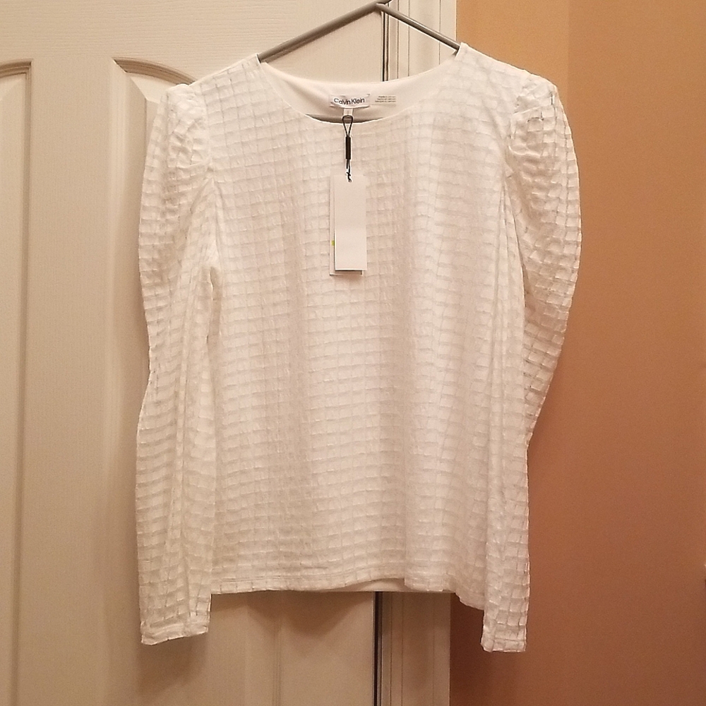 Calvin Klein White Long Sleeve Ruffled Shirt with White Lining Size Medium